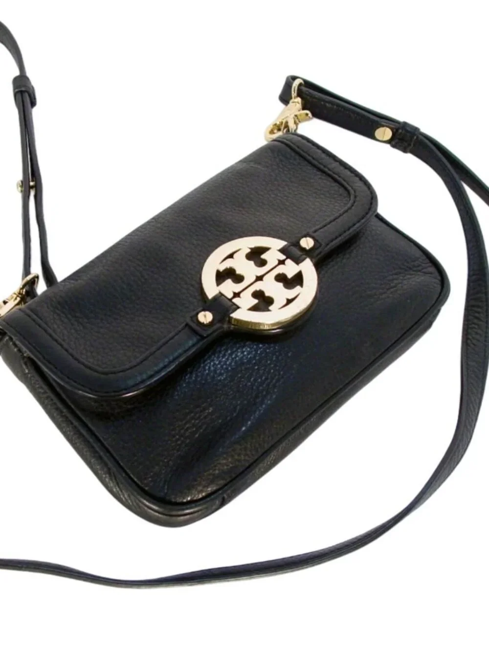TORY BURCH Mini Leather Flap Convertible Clutch/Crossbody Bag w Gold Logo - Picture 2 of 7